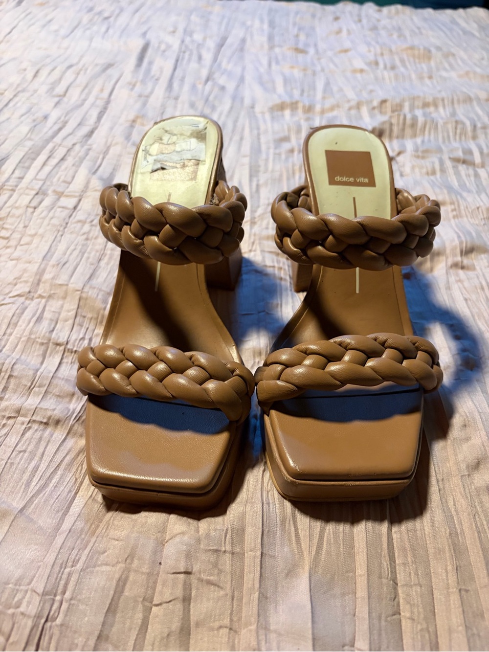 Dolce Vita Braided Two-Strap Block Heel Sandals in Tan